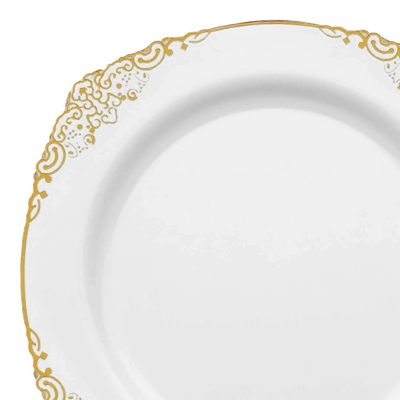 White with Gold Fancy Round Disposable Plastic Dinner Plates - 10.25" (120 Plates)